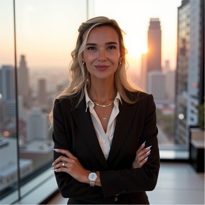 Laurel Wilke against a downtown skyline at sunset