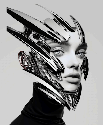 Conceptual portrait — a face fractured into precise chrome shards