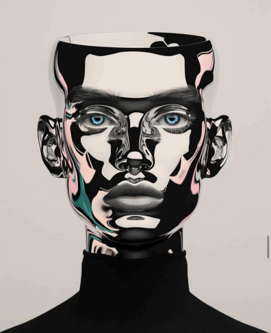 Conceptual portrait — a fractured chrome head opening to reveal color within