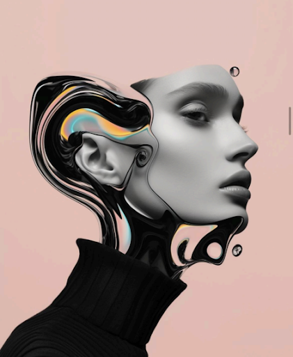 Conceptual portrait — a human profile fusing into liquid chrome and rainbow color