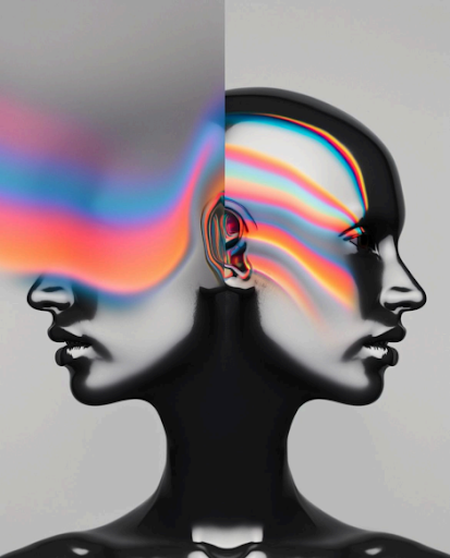 Conceptual portrait — a mirrored face split between grayscale and rainbow duality