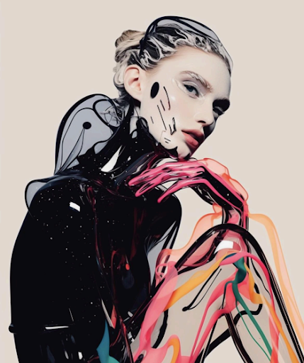 Conceptual portrait — a figure in liquid black chrome with paint-dipped hands