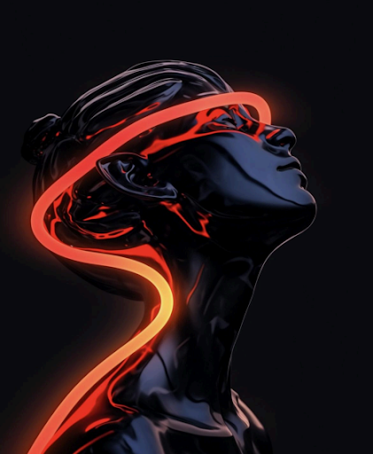 Conceptual portrait — a liquid black chrome profile wrapped in a glowing ember-orange ribbon
