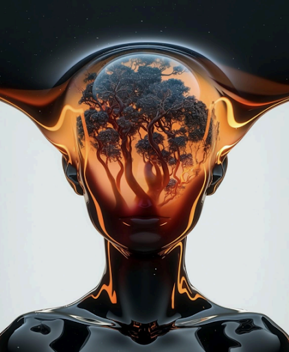 Conceptual portrait — a glowing forest silhouette visible inside a liquid chrome head
