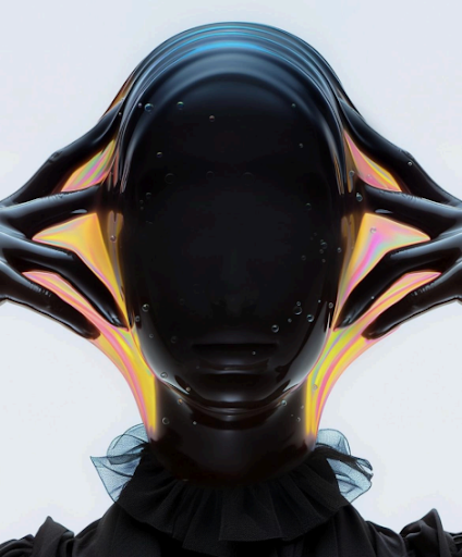 Conceptual portrait — rainbow-lit hands cradling a featureless face, symbolizing AI shaping identity