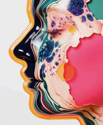 Conceptual portrait — a profile fracturing into a marbled, multicolored pattern