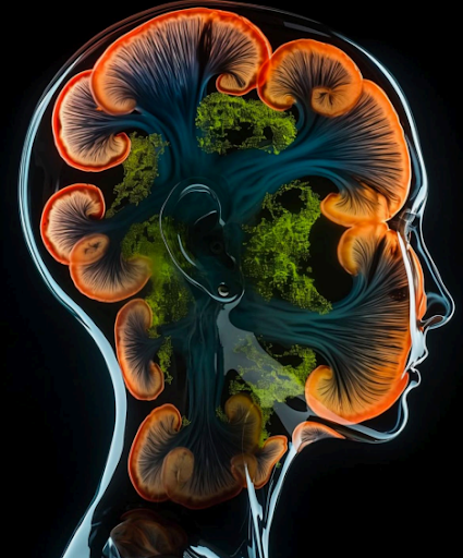 Conceptual portrait — an x-ray head with a mushroom and mycelium network in place of a brain